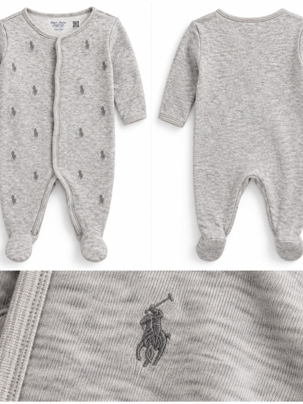 Ralph Lauren Heather Gray Quilted Footed One-Piece with Polo Embroidery
